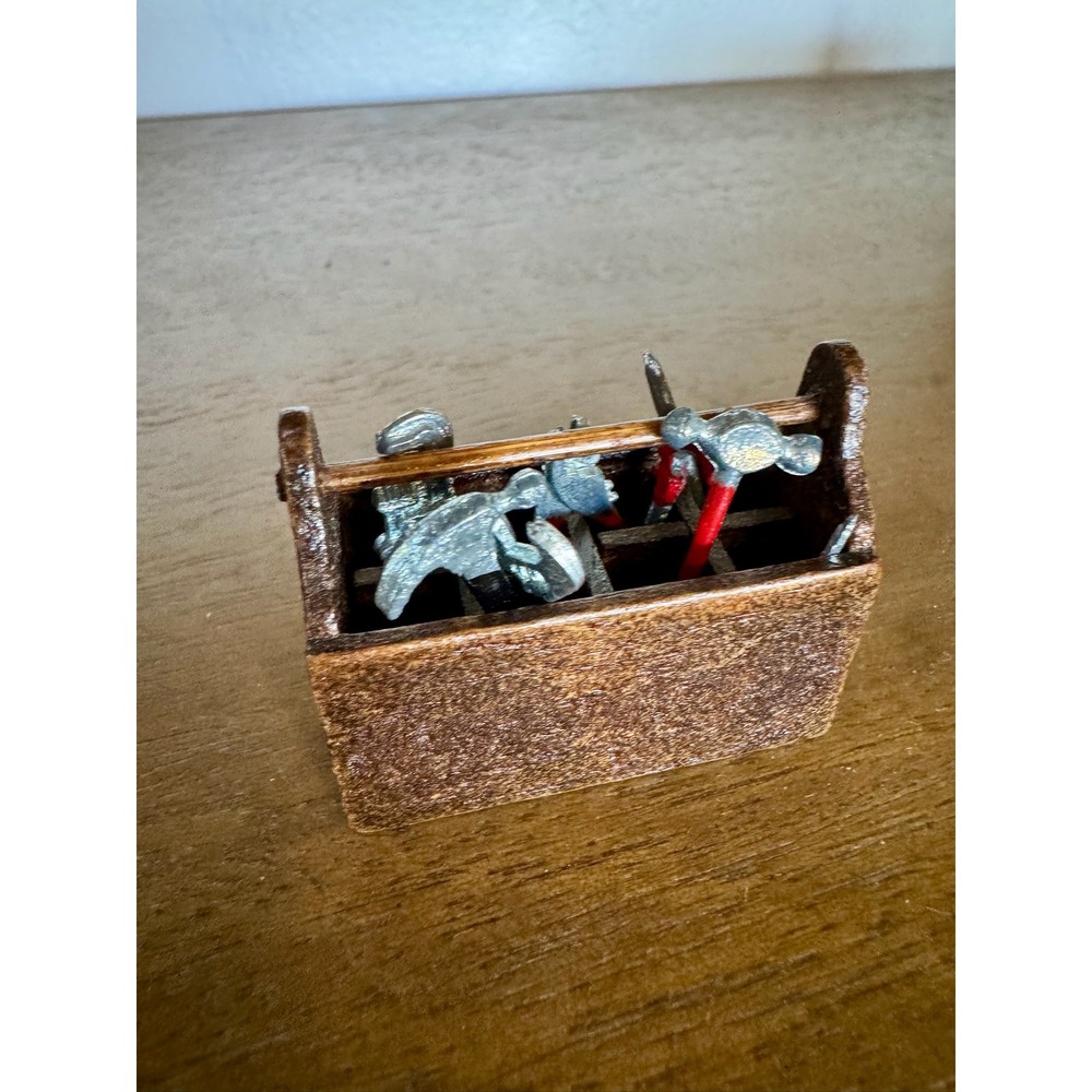 Miniature Tool Box with Tools Dollhouse Accessory‎ Wooden Brown Metal Silver